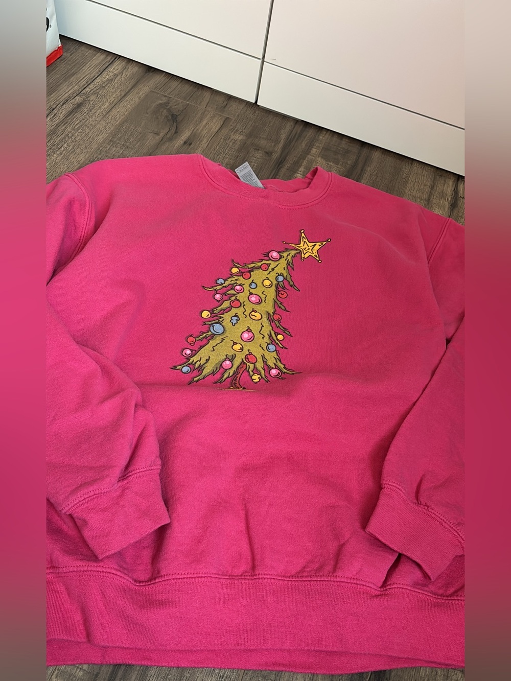 Gildan Pink Crewneck Sweatshirt with Gold & Multicolor Christmas Tree Graphic